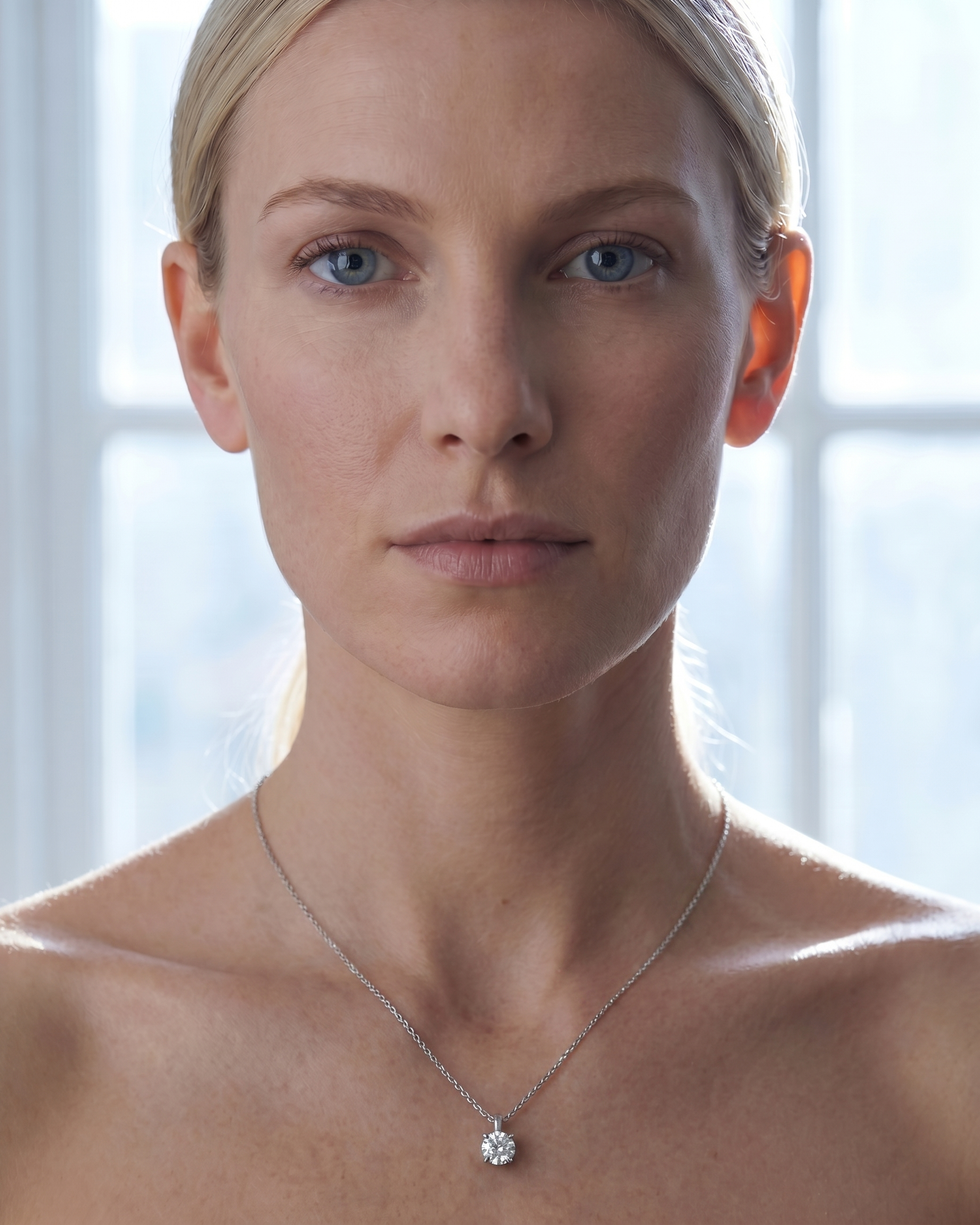 Classic Round Diamond Pendant worn at the collarbone on a fine white gold chain