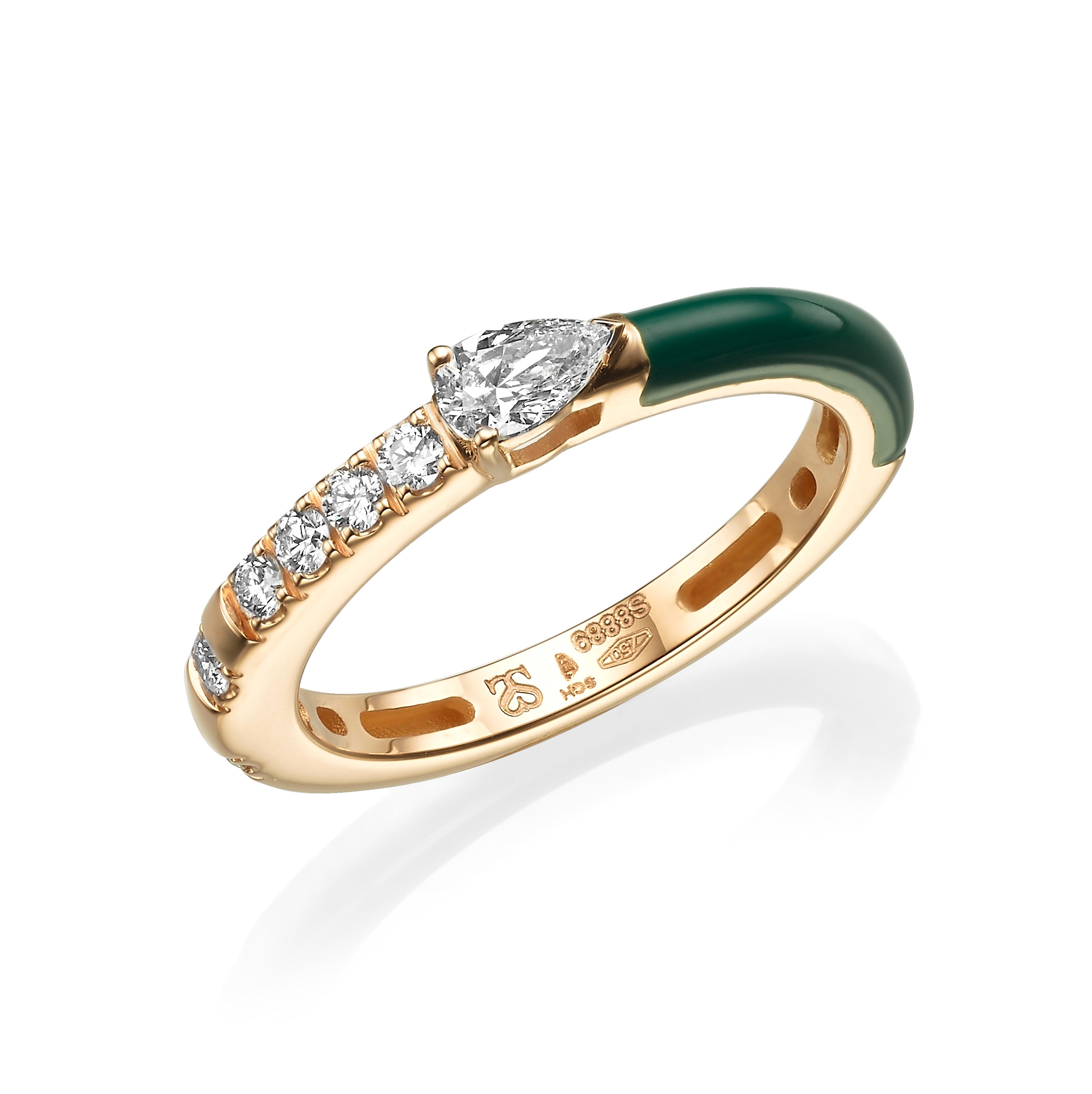 Rainbow Green Enamel and diamond Ring (Rose Gold - Pear)