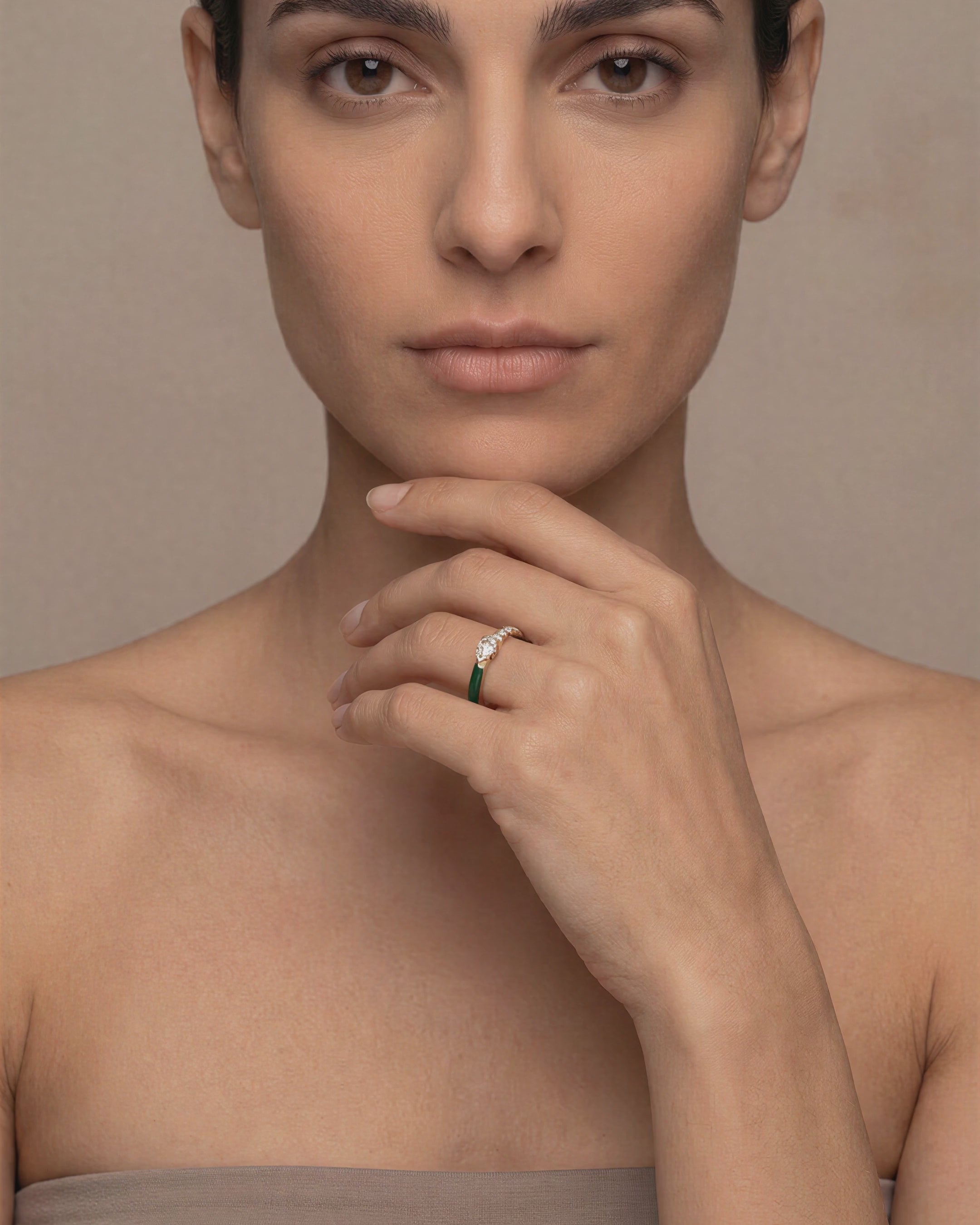 Rainbow EverGreen enamel and diamond ring worn on model