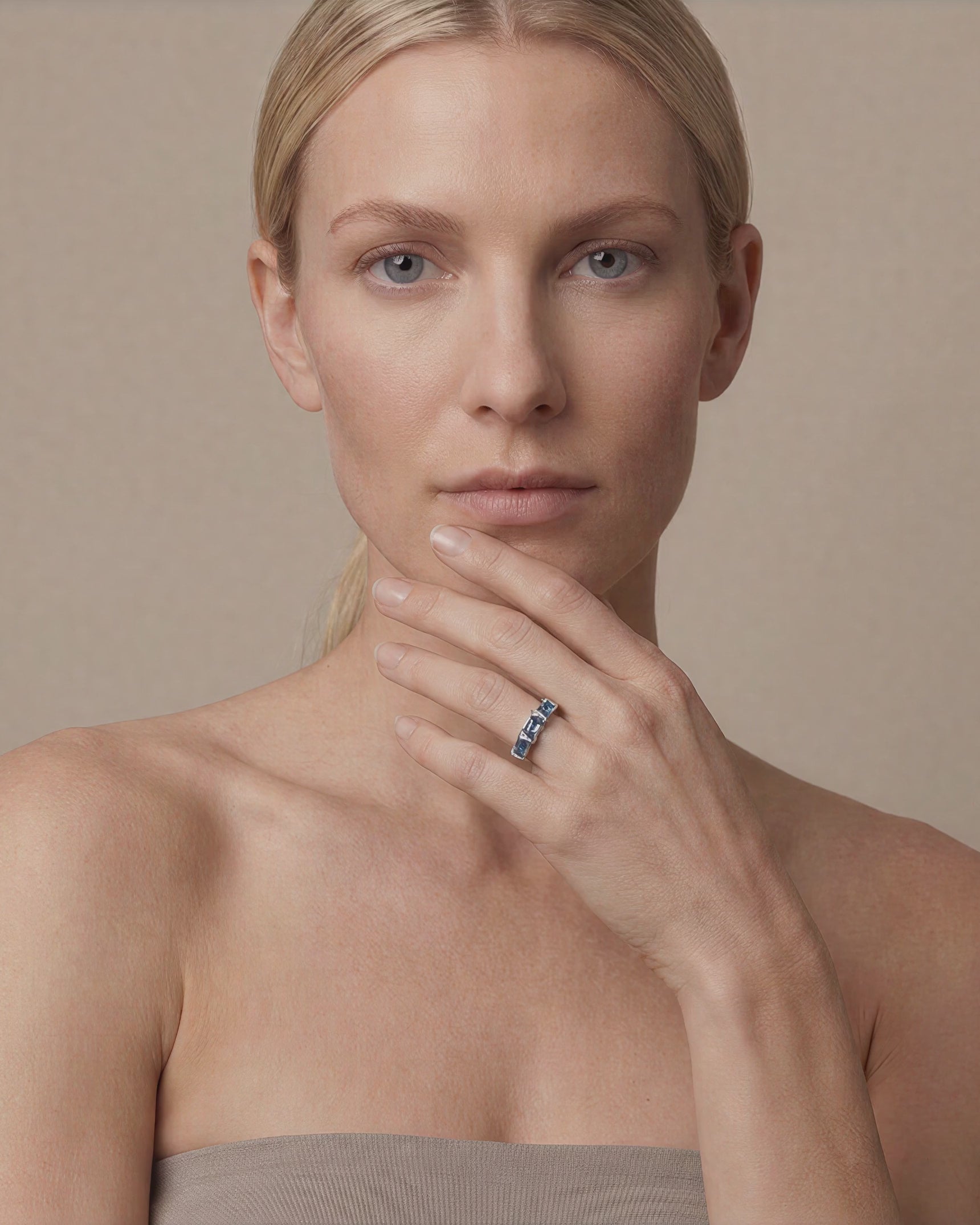 OceanBlue Deep Aquamarine ring worn on model